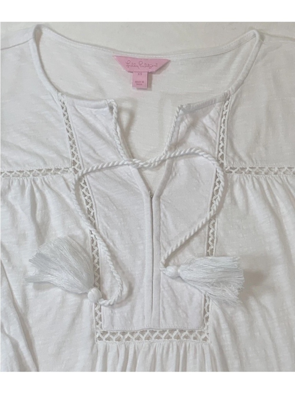 Lilly Pulitzer White Boho Peasant Tunic XS Tassel Tie Neck Resort Top - Picture 6 of 13